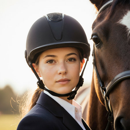 Portrait of a beautiful young girl in a suit and helmet riding a horseの素材