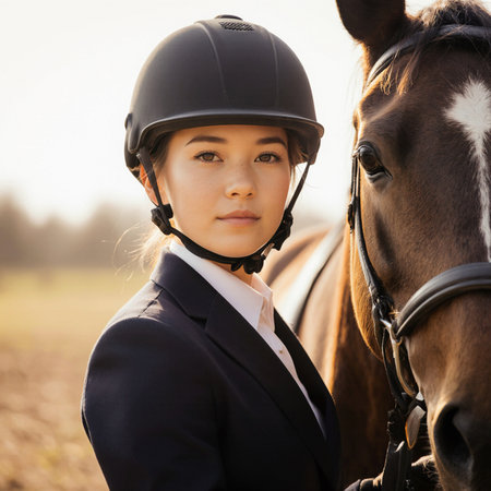 Portrait of a beautiful girl in a suit and helmet on a horseの素材
