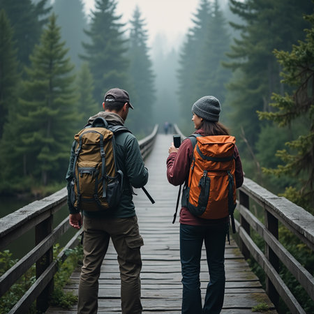 Couple of travelers with backpacks on a wooden path through the forest.の素材
