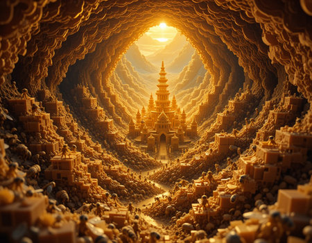 3D rendering of a fantasy landscape with a golden temple in the middleの素材