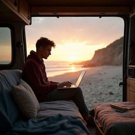 Young man using laptop computer while sitting in camper van on beach at sunsetの素材