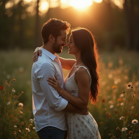 Young couple in love embracing in the field at sunset. Beautiful nature background.の素材
