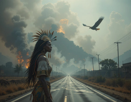 Native american woman in Indian costume on the road at sunsetの素材