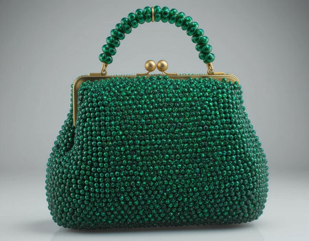 Green clutch on a gray background. Studio shot. Isolated.の素材