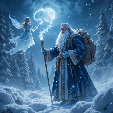 Santa Claus with a magic wand in the winter forest. Christmas card.の素材