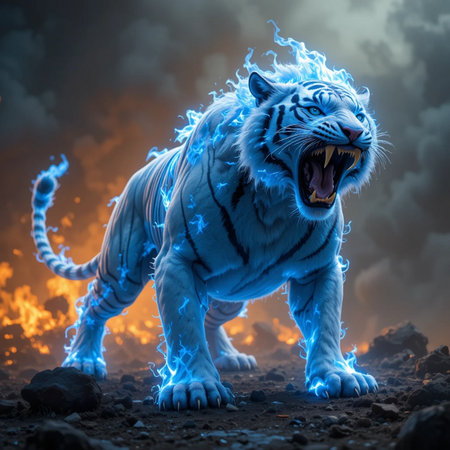 Fantasy image of a white tiger with blue fire in the backgroundの素材