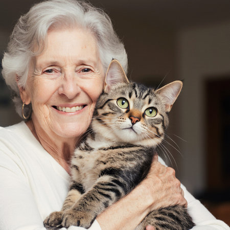 Portrait of a smiling senior woman with her cat at home.の素材