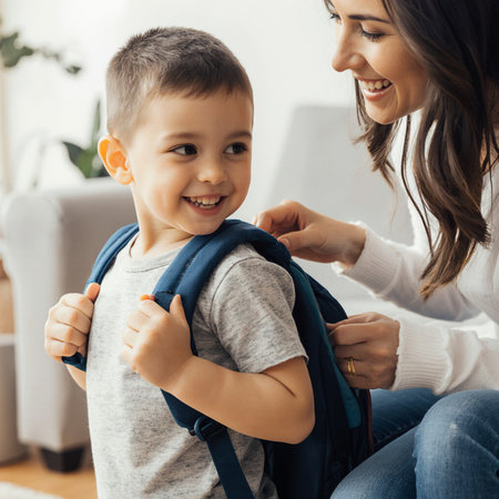 happy mother and son with backpack looking at each other and smiling at homeの素材