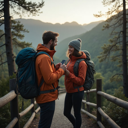Couple with backpacks hiking in the mountains and looking at mobile phoneの素材