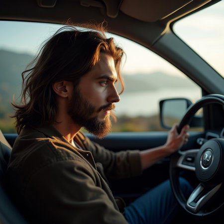 Portrait of handsome young man driving a car and looking away.の素材