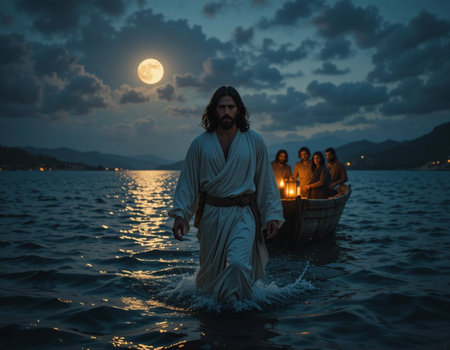 Hindu holy man in the boat with full moon in the backgroundの素材