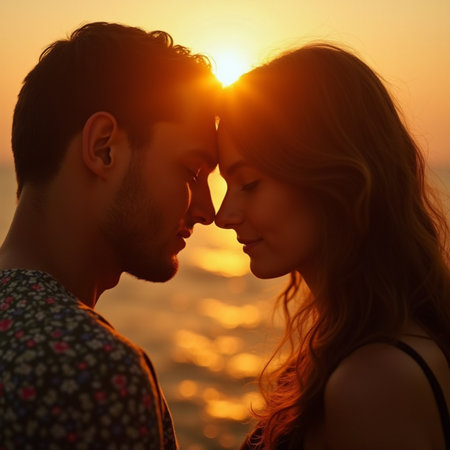 Beautiful young couple in love kissing on the beach at sunset.の素材