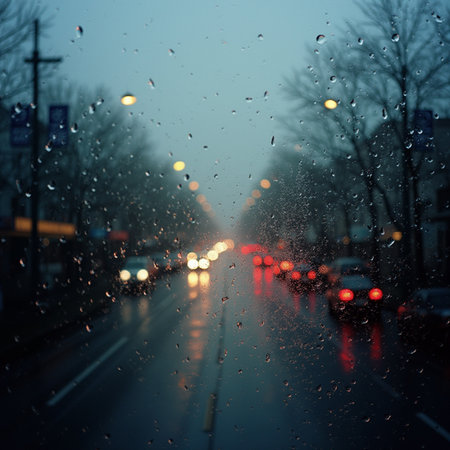 Rain drops on the car glass. Blurred traffic in the city.の素材