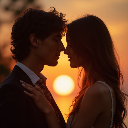 Portrait of a beautiful young couple in love at sunset background.の素材