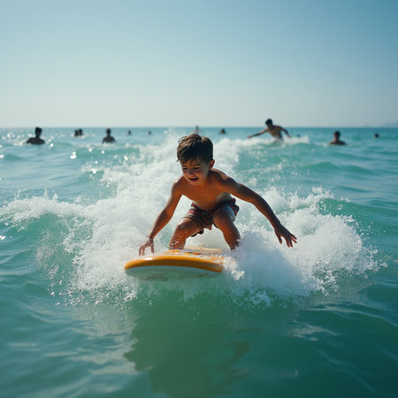 Little boy having fun on surfboard in the sea. Child surfing in the ocean.の素材