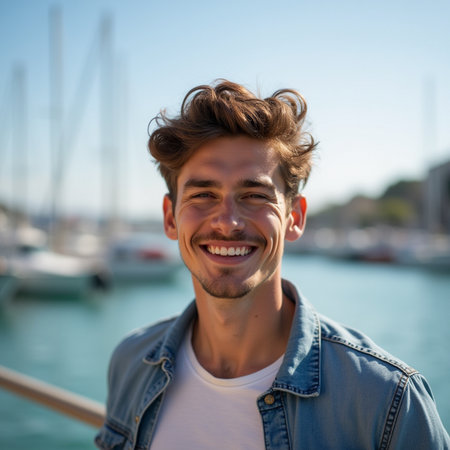 Portrait of a handsome young man smiling while standing in front of marinaの素材