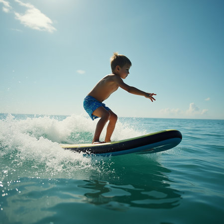 Little boy surfing in the sea on a sunny day. The concept of active lifestyleの素材