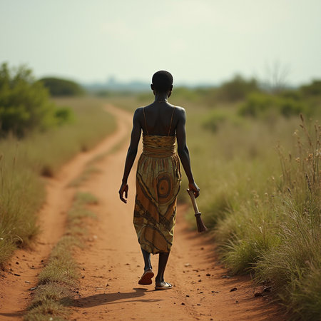 Beautiful young African woman walking on a dirt road in the savannahの素材