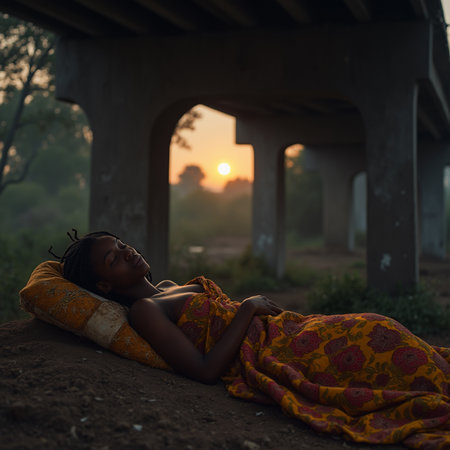 Young beautiful African woman sleeping under the bridge at sunset in India.の素材