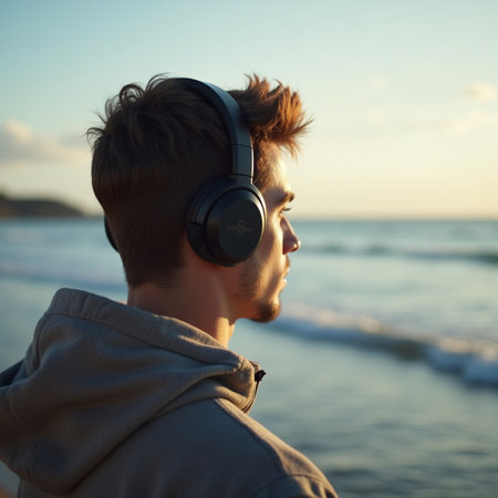 Young man listening to music with headphones on the beach at sunset.の素材