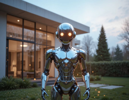 Robot in front of a modern building. 3d rendering.の素材