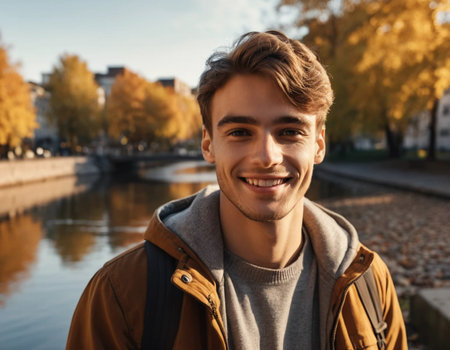 Portrait of a smiling young man in autumn park, looking at cameraの素材