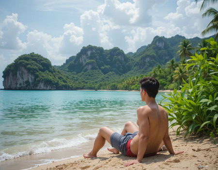 Young Asian man sitting on the beach and looking at the sea.の素材