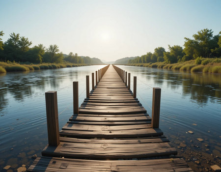 Wooden bridge over the river at sunrise. Summer landscape with wooden bridge.の素材