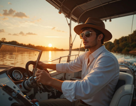 stylish man in hat and sunglasses driving boat on river at sunsetの素材