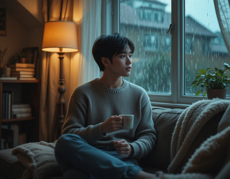 Young Asian man sitting on the sofa at home and holding a cup of coffeeの素材
