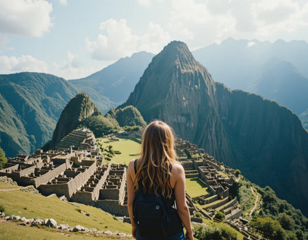 Young woman with backpack looking at Machu Picchu ruins, Peruの素材
