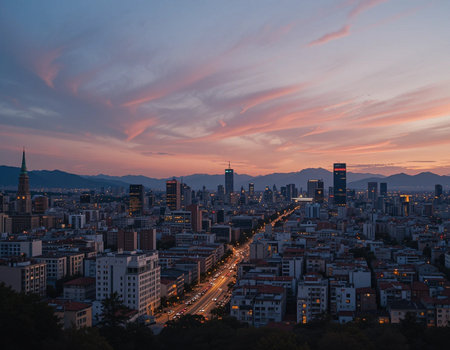 Aerial view of the city of Seoul at sunset, South Koreaの素材