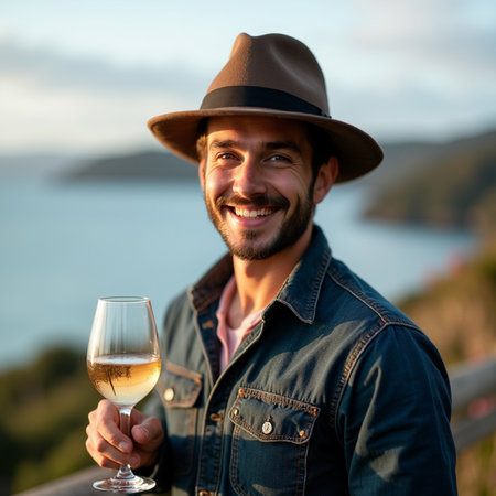 Portrait of a handsome young man holding a glass of white wineの素材