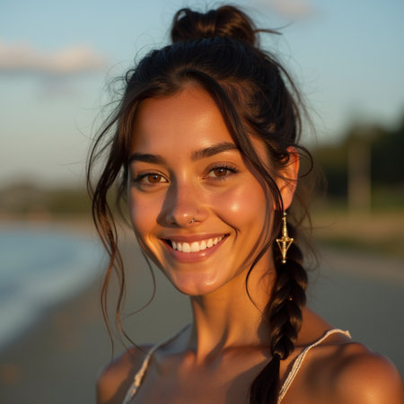 Portrait of a beautiful young woman on the beach at sunset.の素材