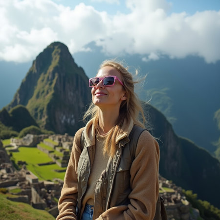 Young woman tourist in Machu Picchu, Peru, South Americaの素材