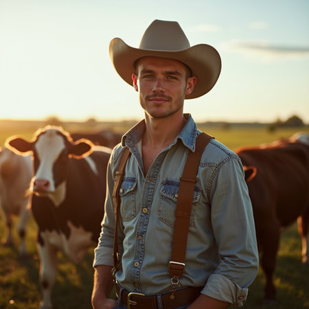 Portrait of a young cowboy standing with cows in the field at sunsetの素材