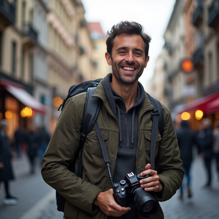 Portrait of handsome young man with camera in the city. Travel and tourism concept.の素材