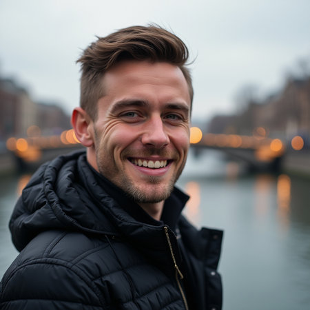Portrait of a handsome young man smiling at the camera in the cityの素材