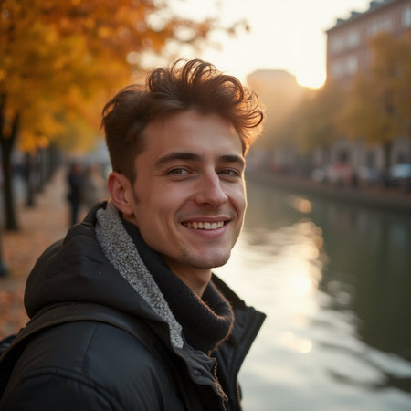 Portrait of a handsome young man on the background of the autumn cityの素材