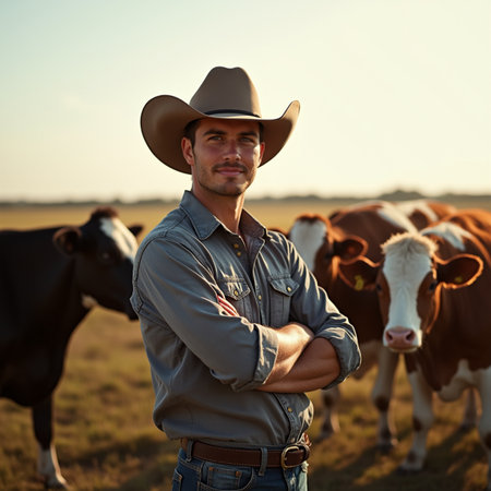 Cowboy standing in the field with herd of cows in the backgroundの素材