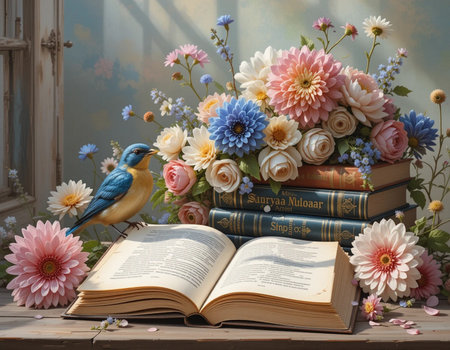 Bouquet of flowers with books and a bird on the windowsillの素材
