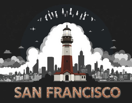 San Francisco skyline with Lighthouse. Vector illustration in flat style.の素材