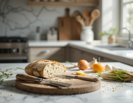 Sliced ciabatta bread on white marble table in modern kitchenの素材
