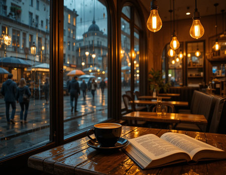 Cup of coffee and book on wooden table in cafe at nightの素材