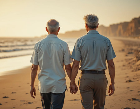 Rear view of senior couple holding hands while walking on beach at sunsetの素材