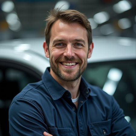 Portrait of a smiling man standing in front of a car in a showroomの素材