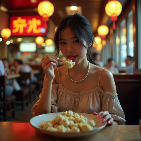 Beautiful asian woman eating dumplings in a restaurant.の素材