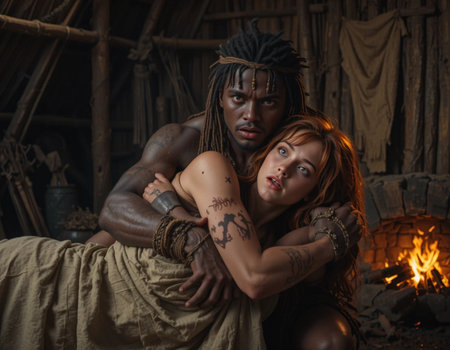 Portrait of a young couple of African American women with dreadlocksの素材