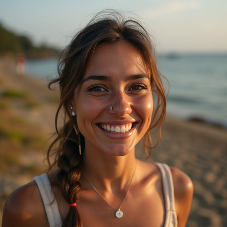 Portrait of a beautiful young woman smiling on the beach at sunsetの素材