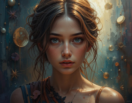 Fantasy portrait of a beautiful girl with flying hair. Vintage style.の素材